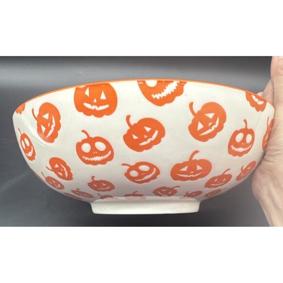 MugShotz Stoneware Orange White PUMPKIN Jack O Lantern Footed Serving Bowl 10” - Picture 3 of 7